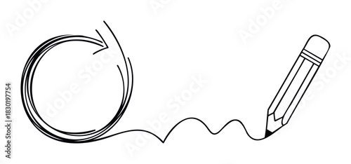 Hand drawn pencil creating a continuous loop with a wavy line for representing processes, ideas, and connection in conceptual representation.