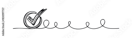 Hand drawn check mark in a circle with continuous line flourish for task completion success and verification graphic.