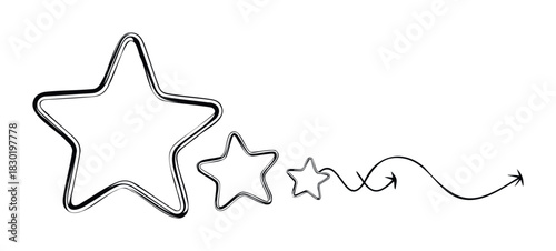Hand drawn sequence of decreasing stars leading to an arrow on a flowing path, suggesting progress and direction for marketing or motivational themes.