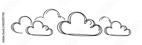 Hand drawn sketch of five fluffy clouds with uneven outlines in a row, perfect for adding a whimsical touch to skythemed projects and weather related content.