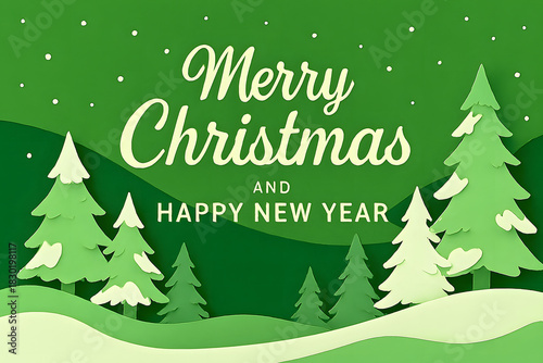 Festive merry christmas and happy new year greeting with stylized evergreen trees and falling snow