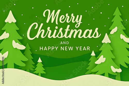 Festive green christmas trees and snowflakes with merry christmas and happy new year greeting