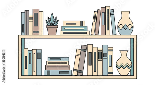 Bookshelf with stacked books, potted plant, and decorative vase