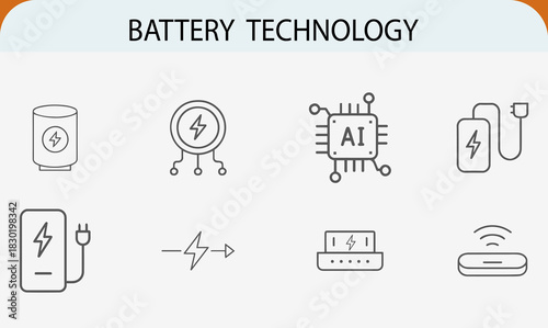Battery technology line icons set. Power, charging, electric energy symbols.