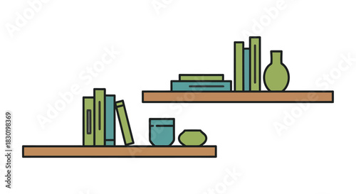 Minimalist illustration of two staggered wooden floating shelves decorated with stacks of books and simple ceramic vase and cup