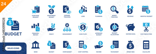 Budget icon. Includes cost budget, cash flow, budget allocation, purchase request, financial report. Solid vector icon set.