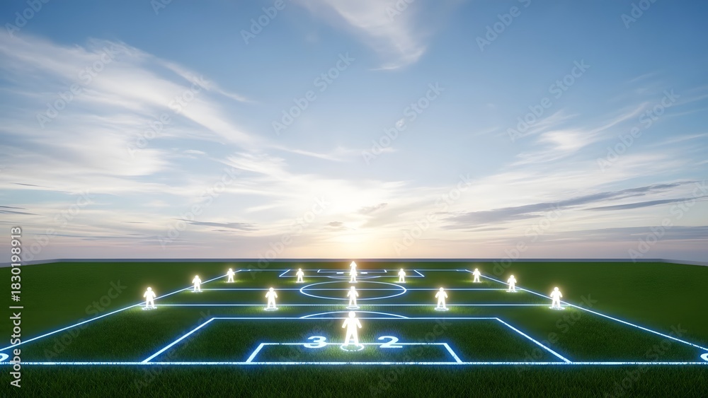 Obraz premium Digital Soccer Arena: An illuminating, conceptual aerial view of a soccer field with glowing, interactive game elements on a well-maintained grass pitch, all under a dynamic, sun-kissed sky.