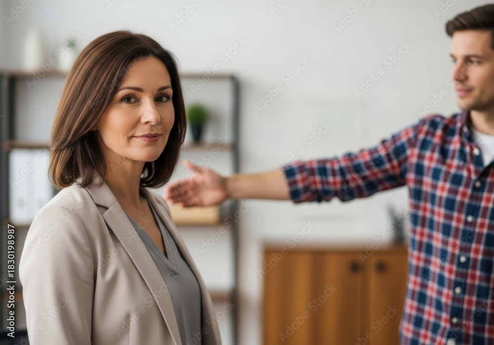 Fototapeta premium A man adjusting the collar of a womans shirt in a modern office setting with wooden furniture and plants