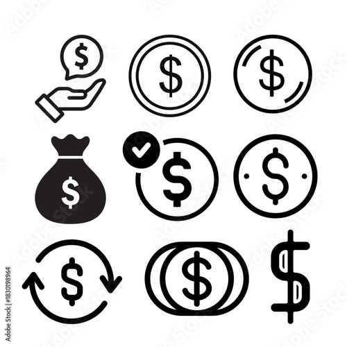 A complete collection highlights essential economic icons used for modern digital transactions.
