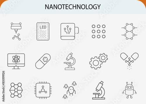 Nanotechnology icon set, future science molecular research minimal line vector