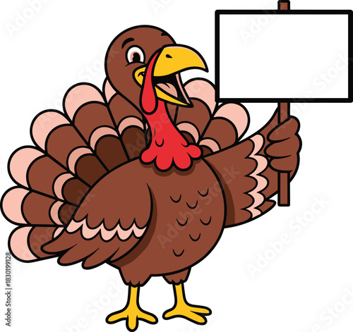 Cheerful Brown Turkey Cartoon Character Holding a Blank Signboard or Banner, Perfect for Thanksgiving, Announcements, and Holiday Promotional Messages on White.