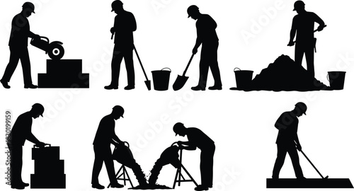 Construction worker silhouettes, manual labor, cutting material, shoveling gravel, stacking blocks, pouring concrete, leveling surface, building site, craftsmanship, industrial labor, teamwork