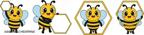 Collection of Cute Happy Bee Mascot Characters Holding and Interacting with Hexagonal Honeycomb Frames, Perfect for Honey, Sweet Food, and Kids' Product Design.