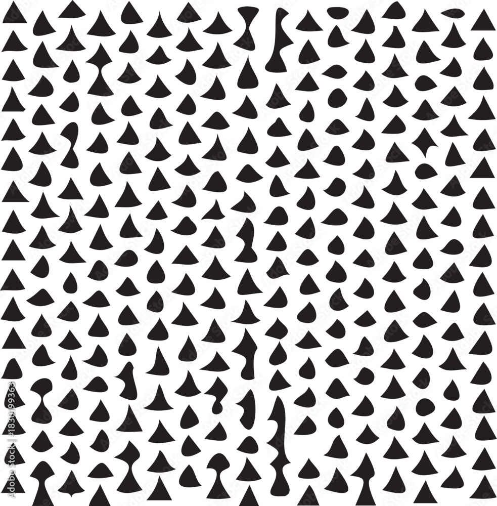 Obraz premium Abstract seamless vector pattern of scattered teardrop and inverted triangular shapes creating a dense texture background