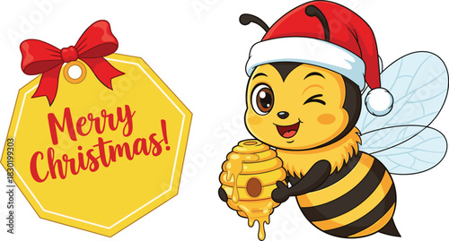 Cute Christmas Bee Mascot Character in a Santa Hat Holding a Honeycomb, Beside a Hexagonal Tag with a "Merry Christmas" Message and Red Bow.
