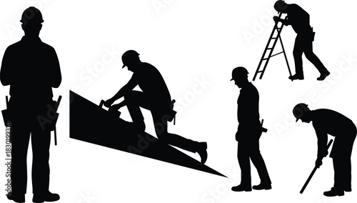 Construction worker silhouettes, manual labor, standing worker, kneeling worker, ladder climbing, bending worker, observing worker, occupational 