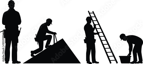Construction worker silhouettes, manual labor, standing worker, kneeling worker, ladder climbing, bending worker, occupational safety, building site, craftsmanship, teamwork, industry, tools