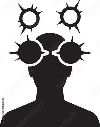 Abstract silhouette illustration depicting human figure wearing spiked protective eyewear with decorative impact shapes floating overhead conceptual design