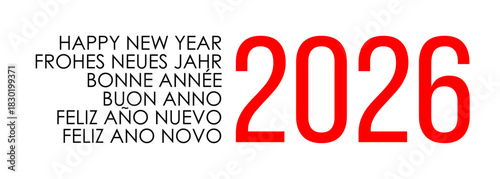 2026 happy new year greetings card in english german french italian spanish portuguese languages