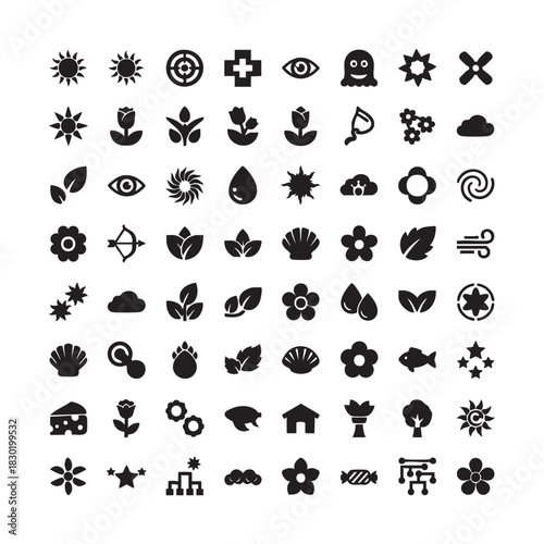 nature, abstract, icon, set, vector, glyph, monochromatic, black, white, flower, leaf, plant, sun, water drop, cloud, shell, star, eye, cross, organic, symbol, element, design, minimal, universal, app