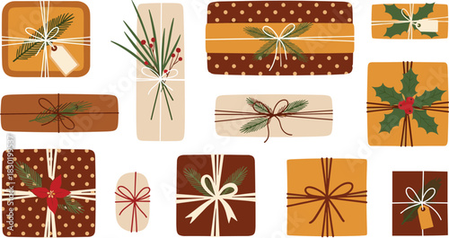 Festive gift boxes with ribbons and natural elements like berries and pine sprigs, perfect for holiday packaging