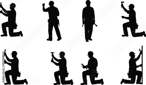 Construction worker silhouettes, manual labor, tool belt, hammering, drilling, measuring, kneeling worker, standing worker, occupational safety, building site, craftsmanship, teamwork