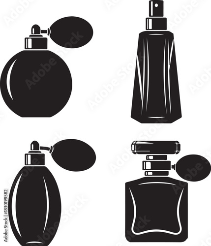 Set of four different black perfume bottle silhouettes vector icons illustrating various fragrance packaging and atomizer designs