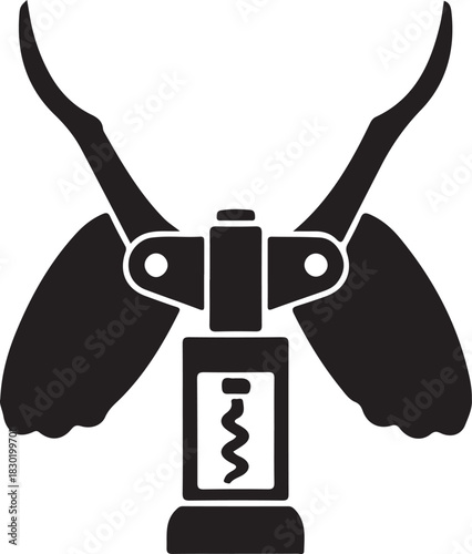 Winged lever corkscrew opener utensil simple black graphic icon silhouette essential kitchen device tool vector isolated illustration