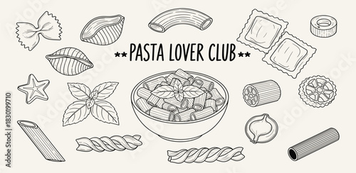 Artistic line illustration of diverse pasta shapes surrounding a savory bowl of pasta salad, perfect for Italian cuisine enthusiasts
