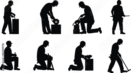 Construction workers silhouettes, manual labor, carpentry tools, hammer and saw, workplace safety, industrial labor, building site, teamwork concept, occupational safety, craftsmanship, cleaning tools