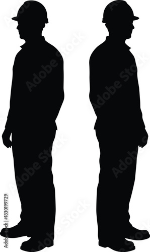 Construction workers silhouette, teamwork concept, industrial safety, hard hats, labor force, occupational roles, dual perspective, engineering, architecture, 