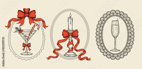 Set of elegant hand-drawn Christmas celebration illustrations with a festive cocktail, a candle, and champagne in ornate vintage frames