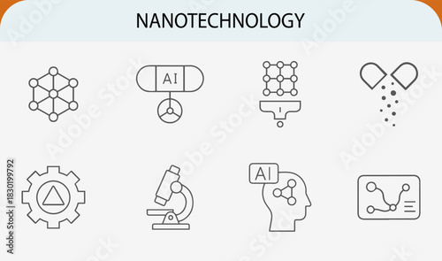 Nanotechnology line icons set, minimal vector science illustration concept