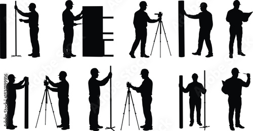 Construction workers silhouettes, surveying and measuring illustration, civil engineering art, land survey design, creative construction drawing, 