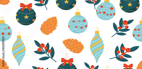 Festive Christmas Bauble and Pinecone Seamless Pattern Illustration
