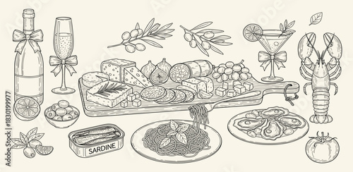 A detailed collection of gourmet food and celebratory drinks depicted in a vintage hand-drawn or engraved illustration style
