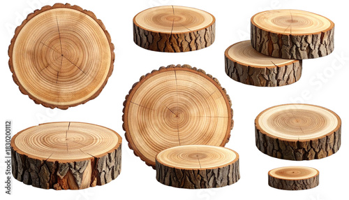 Isolated Collection of Rustic Wood Tree Slices - Natural Timber Rounds with Bark, Annual Rings, and Cross-Section Texture