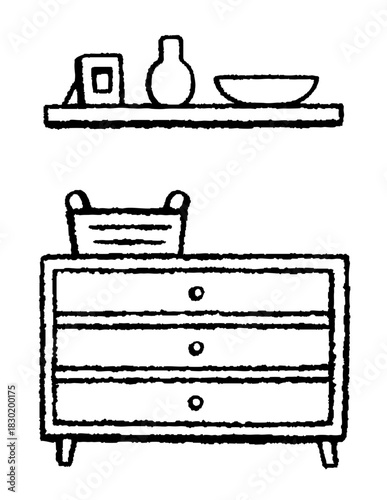 北欧風シンプルインテリアの線画イラスト（棚とチェスト）