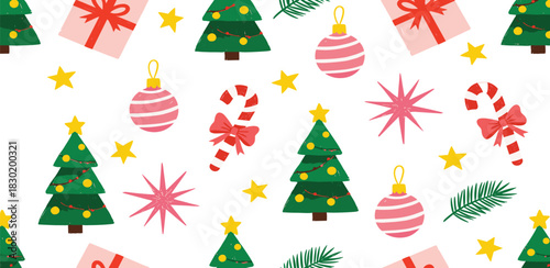 A festive and seamless Christmas pattern illustration featuring cute cartoon trees, presents, candy canes, and ornaments on a white background