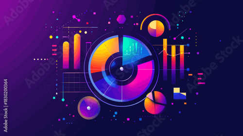 Colorful abstract data visualization with charts and graphs on dark background