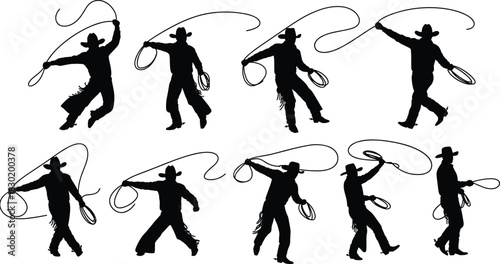 Cowboy silhouette illustration, lasso action poses, western rodeo art, ranch work design, cowboy culture, wild west theme, cowboy vector graphic
