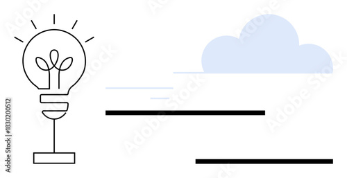 Light bulb with growing plant next to abstract cloud shape and horizontal lines. Ideal for innovation, sustainability, creativity, growth, eco-friendly ideas, clean energy, simple flat metaphor
