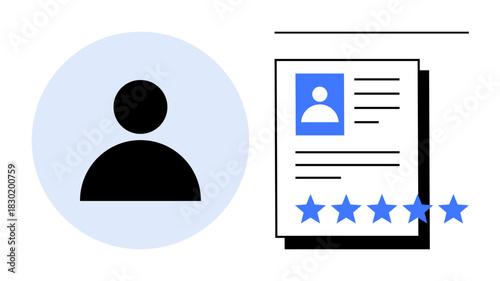 Black user profile icon alongside a document with blue star ratings. Represents identity validation, profile evaluation, and reputation. Ideal for HR processes, user reviews, digital identity, rating