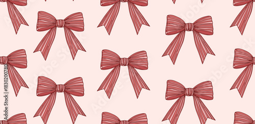 Charming repeating pattern of hand-drawn red ribbon bows. A festive and celebratory background illustration for gifts and holidays