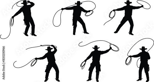 Cowboy silhouettes with lassos, western rodeo action, ranch lifestyle, cowboy hats, boots, lasso skills, wild west culture, dynamic roping poses