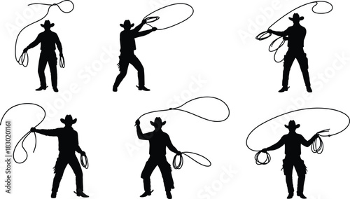 Cowboy silhouettes with lassos, western rodeo performance, ranch lifestyle, cowboy hats, boots, lasso tricks, wild west culture, dynamic roping motion