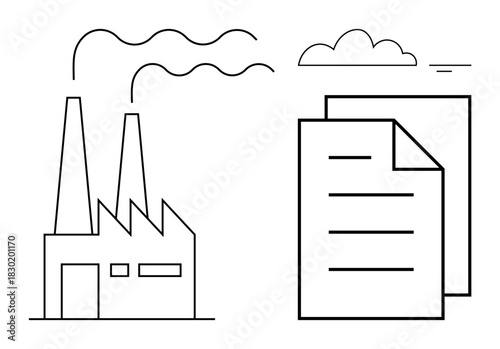 Industry concept. Industry ed by a factory emitting smoke alongside document symbols. Industry focuses on production, manufacturing, and process optimization. For business, sustainability