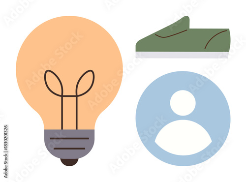 Lightbulb, blue profile avatar, and green sneaker. Ideal for creativity, identity, innovation, lifestyle, inspiration user profiles or modern concepts. A simple flat metaphor