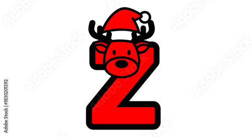Festive red number two decorated with a reindeer wearing a Santa hat, perfect for Christmas.