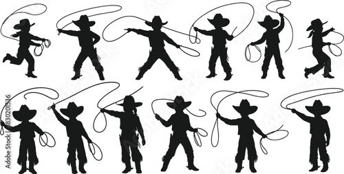 Cowboy silhouettes, lasso action, western rodeo performance, traditional attire, cowboy culture, ranch lifestyle, wild west, cowboy skills, rope tricks, adventure